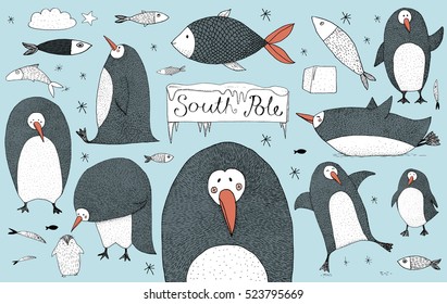 Fish and Penguin hand drawn set. Original colorful characters. South Pole Winter theme.Blue background.