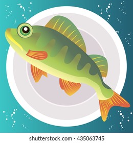 Fish perch on a plate. Menu for restaurants. Vector illustration