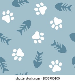 Fish and Pet Paw Seamless Pattern Background, Cat and Fish Bone Vector Illustration