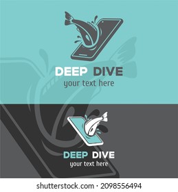 Fish phone logo. The fish dives into the smartphone screen. Vector logo for fishermen and gadget lovers. Deep dive screen background for apps, mobiles, websites. Illustration logo internet surfing 