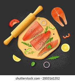 Ingredientes de pastel de pescado. Tos, filete de salmón rojo, limón, rodajas de tomate, arugula y romero, ilustración vectorial de visión superior. Pastel de pescado para el menú del restaurante, libro de recetas.