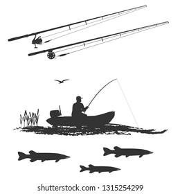 fish pike and fisherman in a rubber boat , stylized wave. Spinning holds in his hands.Two separate spinning. Isolate on white background.