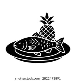 A fish and pineapple on a plate, a healthy seafood dish, fresh meal, culinary delight, appetizing food