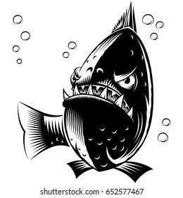 Fish Piranha with opened mouth and sharpen teeth is attacking; Vector character in the ink hand drawing sketching style for tattoo or print