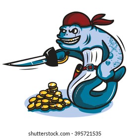 Fish pirate with gold coins. Vector illustration