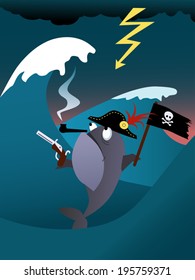 Fish pirate in a hurricane sea, vector illustration
