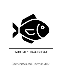 Fish pixel perfect black glyph icon. Seafood department. Aquatic products. Ocean catch. Marine cuisine. Silhouette symbol on white space. Solid pictogram. Vector isolated illustration