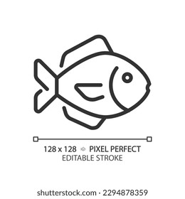 Fish pixel perfect linear icon. Seafood department. Aquatic products. Ocean catch. Marine cuisine. Local food. Thin line illustration. Contour symbol. Vector outline drawing. Editable stroke