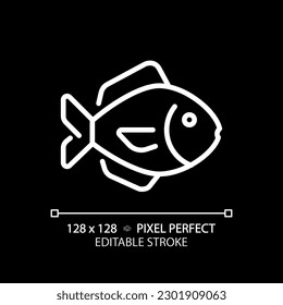 Fish pixel perfect white linear icon for dark theme. Seafood department. Aquatic products. Ocean catch. Marine cuisine. Thin line illustration. Isolated symbol for night mode. Editable stroke