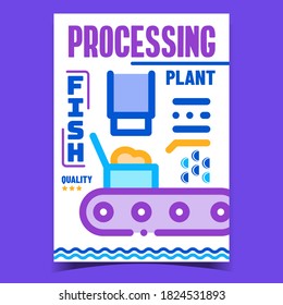 Vector de afiches publicitarios de procesamiento de plantas de pescado. Cartel promocional del contenedor de paquetes del proceso de la fábrica de pescado. Equipo De La Industria Para El Concepto De Producto De Paquete Estilo De Plantilla Ilustración De Color