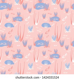 Fish and plants seamless pattern. Pastel colours. Great for product design, fabric, wallpaper, backgrounds, invitations, packaging design projects. Surface pattern design