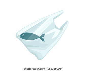 Fish in plastic bag abstract illustration pollution problem flat vector illustration on white background