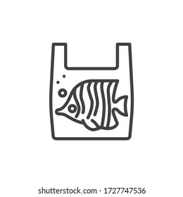Pescado en un icono de la línea de la bolsa de plástico. signo de estilo lineal para concepto móvil y diseño web. Icono de vector de contorno de contaminación de agua plástica. Símbolo, ilustración del logotipo. Gráficos vectoriales