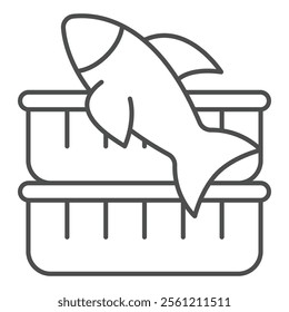 Fish with plastic container pair concept. Vector graphics. fishery concept. Vector graphics. Canned food and fish sign on white background, outline style icon for mobile or web design