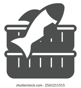 Fish with plastic container pair concept. Vector graphics. fishery concept. Vector graphics. Canned food and fish sign on white background, glyph style icon for mobile or web design