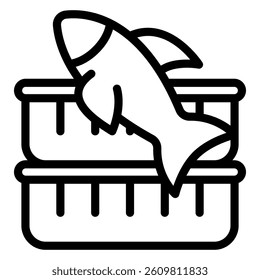 Fish with plastic container pair concept. Vector graphics. fishery concept. Vector graphics. Canned food and fish sign on white background, style mobile or design