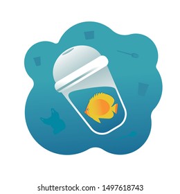 Fish in a plastic Cup under water. Pollution waste, garbage, trash, rubbish ocean.  Global environmental problem. Stop the dump in the nature. Vector Design of concept.