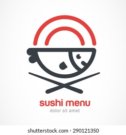 Fish, plate, chopsticks line illustration. Japanese cuisine vector logo design template. Abstract concept for sea food restaurant, sushi menu, bar, delivery of asian food.