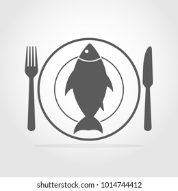 Fish, plate, fork and knife in flat design. Vector illustration. Gray restaurant symbol.