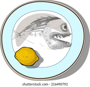 fish, plate, lemon