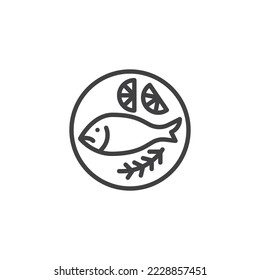 Fish plate line icon. linear style sign for mobile concept and web design. Fried fish outline vector icon. Seafood symbol, logo illustration. Vector graphics