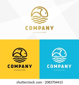 Fish plate vector logo type. linear seafood logo, Fresh fish logo with wave water
