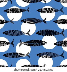 Fish and  polka dot.  Retro background. Seamless pattern. Can be used in textile industry, paper, background, scrapbooking.