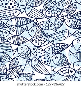 Fish and polka dots. Line vector seamless pattern.