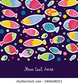 Fish and polka dots postcard. Cute vector. 