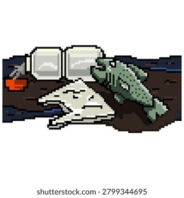 fish in polluted water, plastic, environmental disaster and ecology problem vector pixel illustration