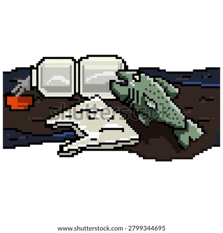 fish in polluted water, plastic, environmental disaster and ecology problem vector pixel illustration