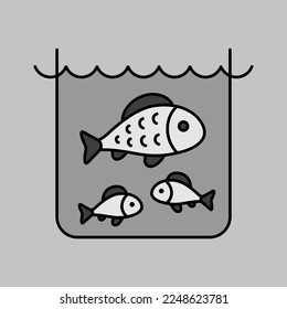 Fish in a pond or aquarium isolated grayscale icon. Farm animal sign. Graph symbol for your web site design, logo, app, UI. Vector illustration