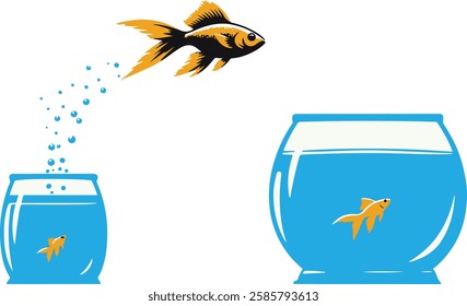 fish in a pond jumping to a bigger pond