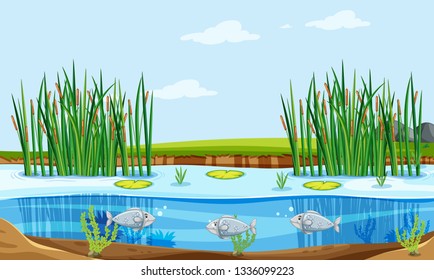 Fish pond nature scene illustration