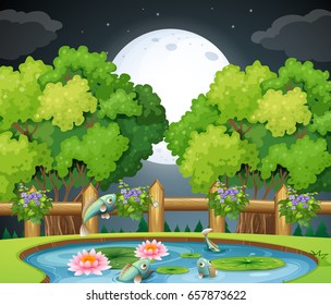 Fish in the pond at nighttime illustration