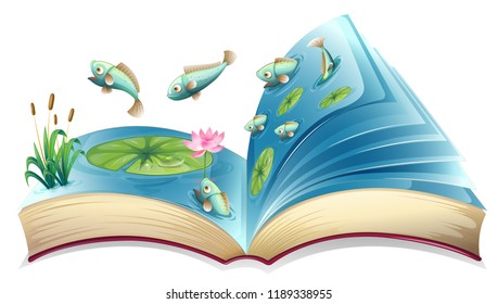 Fish in the pond open book illustration