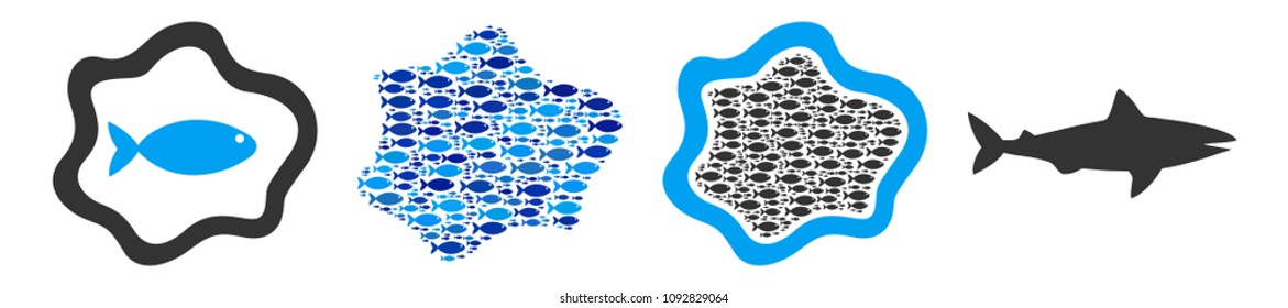 Fish pool vector illustration set with collage elements filled by fish icons in blue and gray colors. Flat eco style with mosaic items.