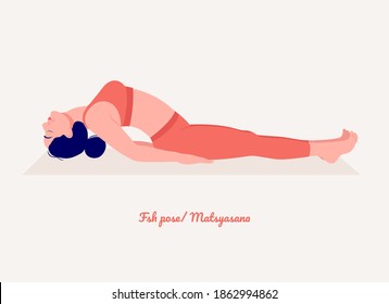 Fish Pose-Matsyasana. Young Woman Practicing Yoga Pose. Woman Workout Fitness, Aerobic And Exercises. Vector Illustration.