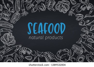 Fish poster, chalkboard style. Outline icon tilapia, ocean perch, sardine, anchovy, sea bass and dorado. Page design seafood with bream, mackerel, tunny or sterlet, codfish and halibut. Retro style.