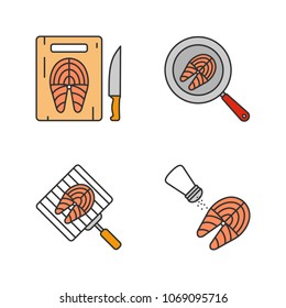 Fish preparation color icons set. Cutting, frying, grilling, salting fish steaks. Isolated vector illustrations