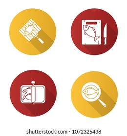 Fish preparation flat design long shadow glyph icons set. Canned, fried, cutted and grilled fish. Vector silhouette illustration