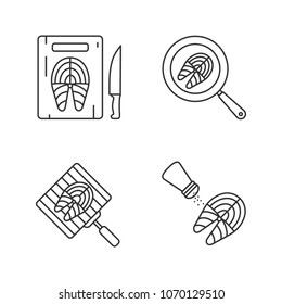 Fish preparation linear icons set. Cutting, frying, grilling, salting fish steaks. Thin line contour symbols. Isolated vector outline illustrations