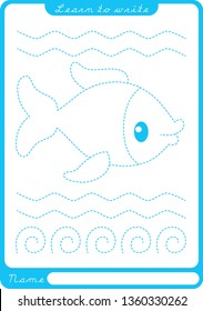  A fish. Preschool worksheet for practicing fine motor skills - tracing dashed lines. Tracing Worksheet.  Illustration and vector outline - A4 paper r