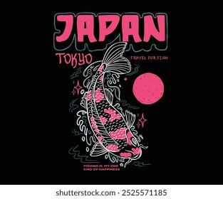 Fish print for t-shirt graphic and other uses. Fish line drawing. Japan art. Tokyo, Japan koi fish hand drawing vector illustration.