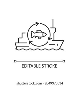 Fish Processing Vessel Linear Icon. Large Factory Ship. Commercial Fishery. Fish Freezing. Thin Line Customizable Illustration. Contour Symbol. Vector Isolated Outline Drawing. Editable Stroke