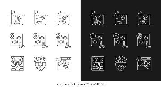 Fish product farming and storing linear icons set for dark and light mode. Sterilization and preservation. Customizable thin line symbols. Isolated vector outline illustrations. Editable stroke