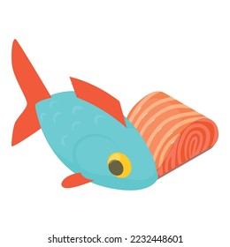 Fish product icon isometric vector. Fresh fish near piece of raw red salmon icon. Seafood concept
