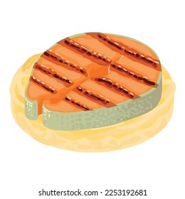 Fish product icon isometric vector. Big piece of fried red fish on fillet icon. Protein product, healthy food