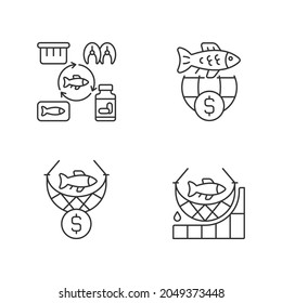 Fish product producing and trade linear icons set. Commercial fishing. Producing products for trade. Customizable thin line contour symbols. Isolated vector outline illustrations. Editable stroke