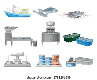 Fish Production with Commercial Fishery and Canning Vector Illustration Set